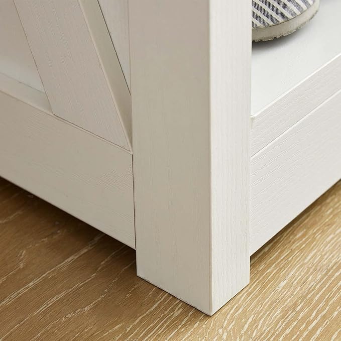 Farmhouse Storage Bench with 2-Tier Open Shelf, Shoe Bench with Cushion for Entryway, Mudroom, Hallway, Living Room & Bedroom Organization, White