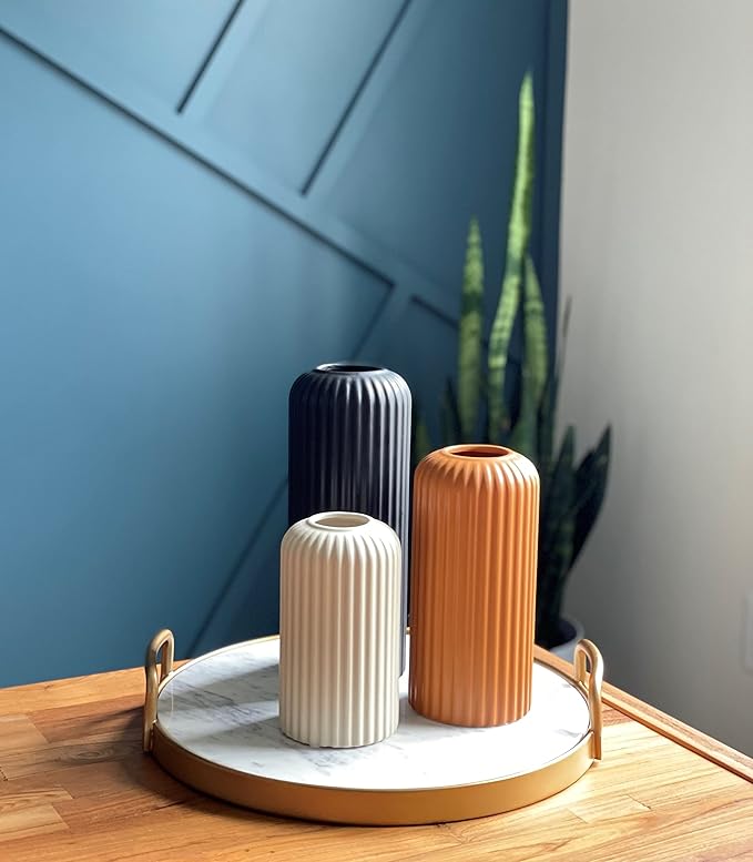 Rumi Decor Modern Ceramic Vases for Living Room, Coffee Table, Home, Fireplace, Shelf Accents, Dining Table - Black