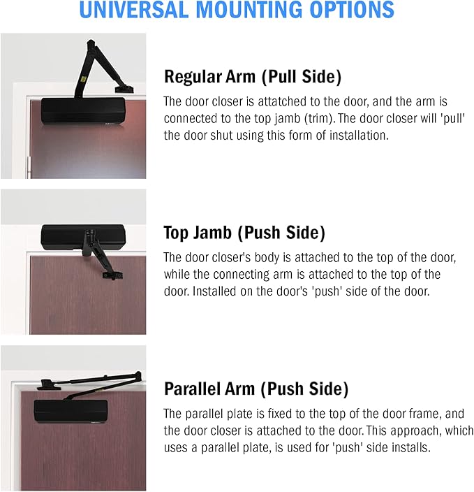 Nuk3y 9000 Series Grade 1 Heavy Duty Door Closer, Multi-Mount, Adjustable Size 1-6, ADA Compliant, UL Listed, Black