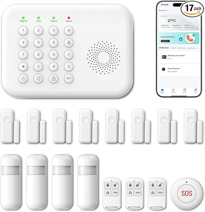 Alarm System for Home Security,WiFi+GSM/4G Compatible with Alexa Home Alarm System,17 Piece DIY Kit No Monthly Fees with Instant App Alerts,SOS Button,Smart Life or Tuya for Apartment,Kids Safety