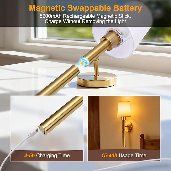 Tomshine 2 Pack Battery Operated Wall Sconces, 5200mAh Rechargeable Wireless Wall Lights with Remote, Magnetic Detachable RGB Dimmable Gold Fabric Lamp for Bedroom Living Room