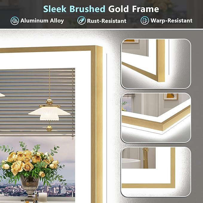 44x30 Gold LED Bathroom Mirror with Lights, Brushed Gold Framed Backlit and Front Lit Anti-Fog Lighted Vanity Mirrors for Bathroom Wall, Dimmable, 3 Colors, Memory, HD Tempered Glass, CRI＞90