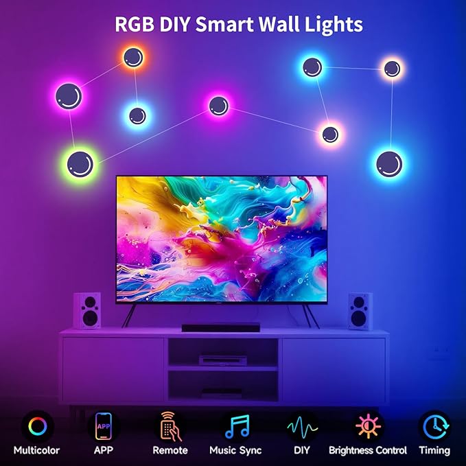 Smart LED Wall Lights, 9-Piece RGB LED Light with App & Remote Control, TV Backlights, Music Sync, Color-Changing, Ambient Lighting for Gaming, Bedroom, Living Room and Home Decor