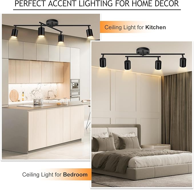BoostArea 4 Light Track Lighting Kit, Black 4 Way Ceiling Spot Lighting, Center Swivel Track Light Heads, Flexibly Rotatable Light Head for Kitchen, Living Room, Bedroom, GU10 Bulb Not Included