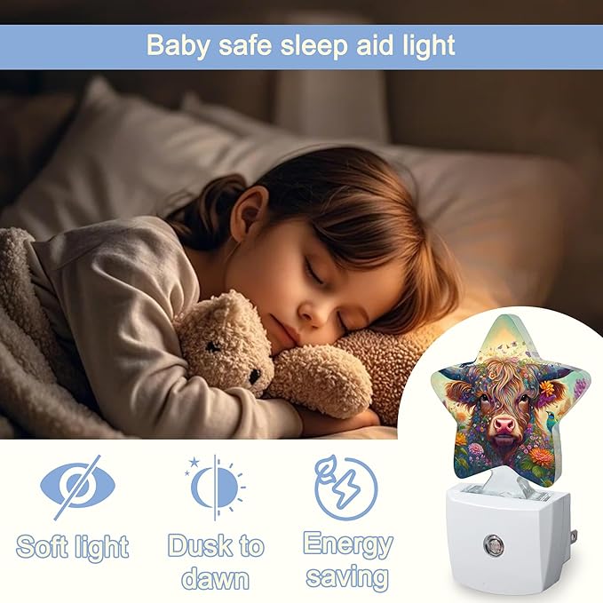 Night Light,Highland Cow Bird Plug into Wall with Dusk to Dawn Light Sensors,Colorful Flowers Warm Star Nightlights for Bedroom,Bathroom,Hallway,Kitchen Home Decor Desk Lamp