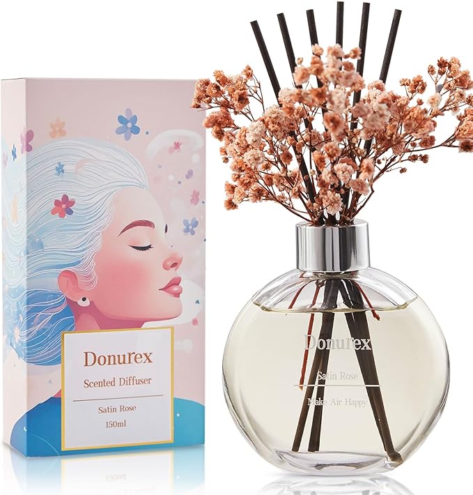 Flower Reed Diffuser Set 5.07oz Satin Rose Scent Diffuser with Sticks Home Fragrance Reed Diffuser for Bathroom Shelf Decor