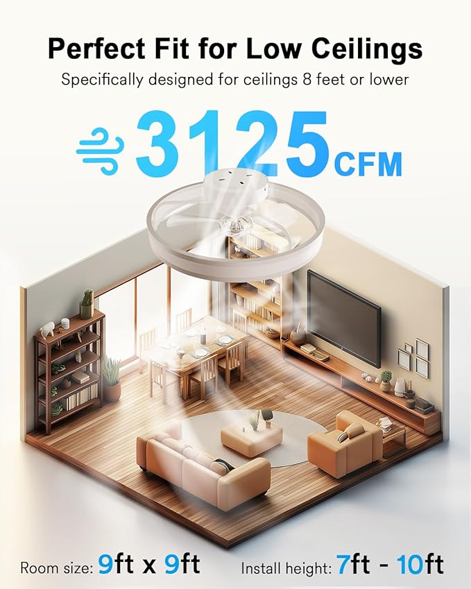 Lumary Smart WiFi Ceiling Fans with Lights, RGBAI Flush Mount Ceiling Fans with Lights and Remote, Dual Lighting Mode Modern LED Low Profile Ceiling Fan for Bedroom Works with Alexa Google, 20in White