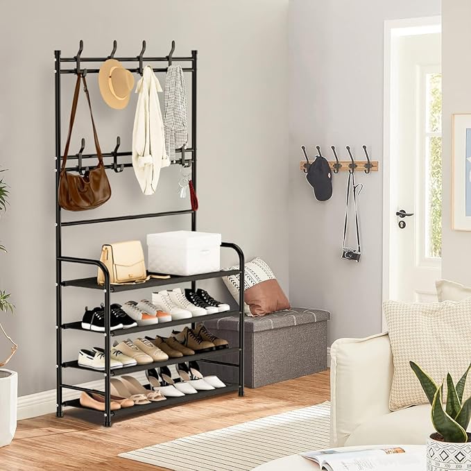 darsun Hall Tree with Shoe Storage Bench, 4-Tier Coat Rack with 8 Hooks, Multipurpose Entryway Organizer for Hall, Bedroom, Office, Shoe Bench with Storage (23.6in)