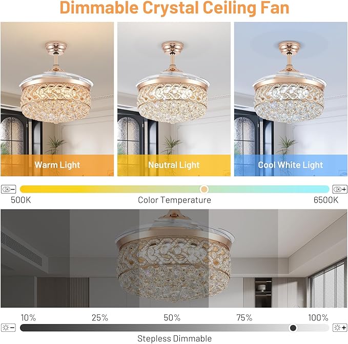 48 Inch Chandelier Crystal Ceiling Fan with Light Remote Dimmable Fandelier Color Change 6 Speed Retractable Blades Ceiling Fan Light for Bedroom Indoor Living Room Black