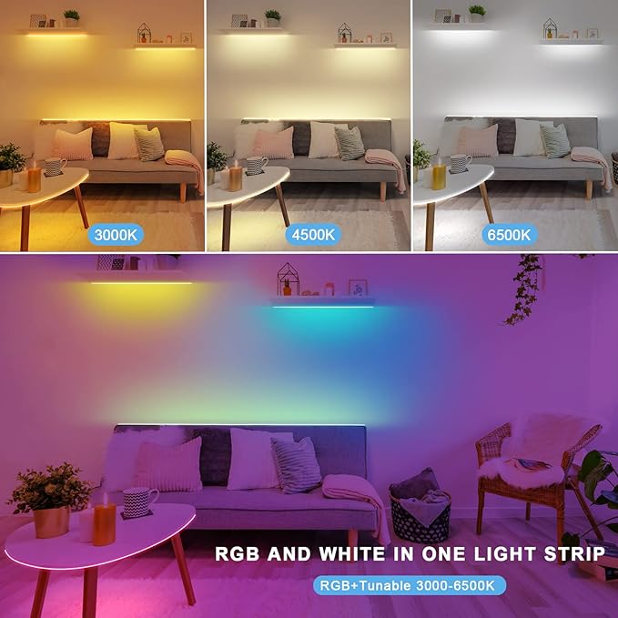 RGBWW Bluetooth LED Strip Lights, 65.6ft Tunable White 3000K to 6500K+RGB Led Light Strips, Music Sync Color Changing Indoor LED Rope Lights for Cabinet, Bedroom,2 Roll of 32.8ft