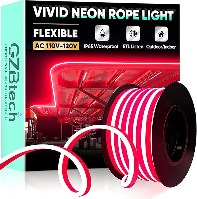 GZBtech Flexible LED Neon Rope Lights 33FT,AC 110-120V Waterproof Strip Light, 120 LEDs/M Cuttable Connectable Neon Lighting for Indoor Outdoor Home Decor/Commercial Building Use-Red 10M, ETL Listed