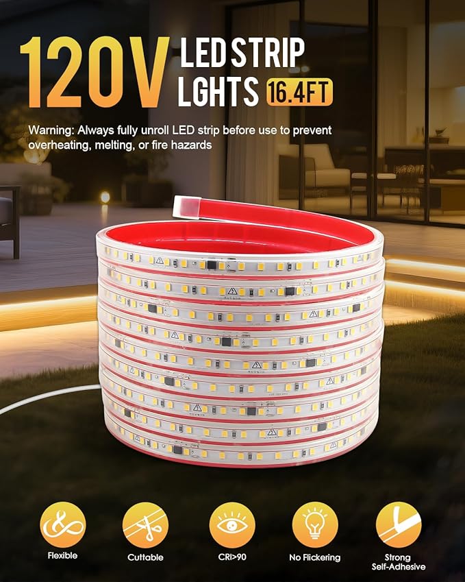 Aclorol Led Strip Lights Outdoor Waterproof 16.4FT Warm White 3000K AC 110V-130V Connectable LED Rope Light Strip Plug in for Bedroom Outside Garden Patio Indoor Outdoor Backyards Decor 120LEDs/M 5M