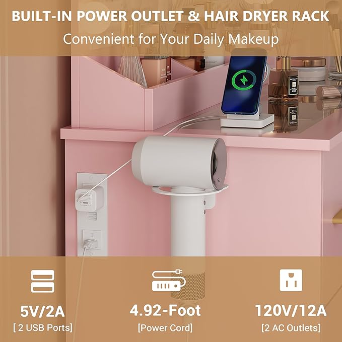 44" Vanity Desk with 38" Large Mirror and 9 LED Lights & Glass Top and Power Outlet, Makeup Vanity Set with 7 Drawers & Chair and RGB Ambient Light, Dressing Table for Bedroom, Modern Pink