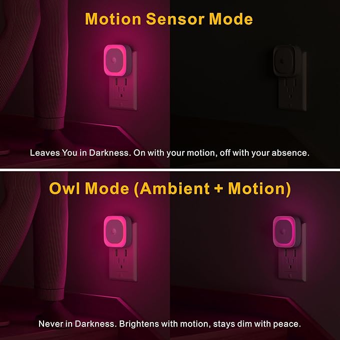 2 Pack Plug in Night Light with Motion Sensor & Dusk to Dawn Sensor, Soft Pink Glow for Bedroom, Hallway, Girls Room, 3 Sensor Modes, Auto ON/Off, Dimmable Nightlight for Bathroom