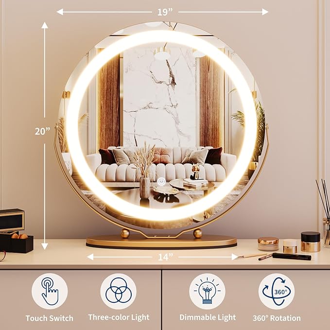 19" Round Vanity Mirror with Lights, Large Makeup Mirror with 3 Color Lighting Dimmable, Smart Touch Control, 360°Rotation Vanity Mirror for Bedroom, Dressing Room, Tabletop, Easy to Install, Gold
