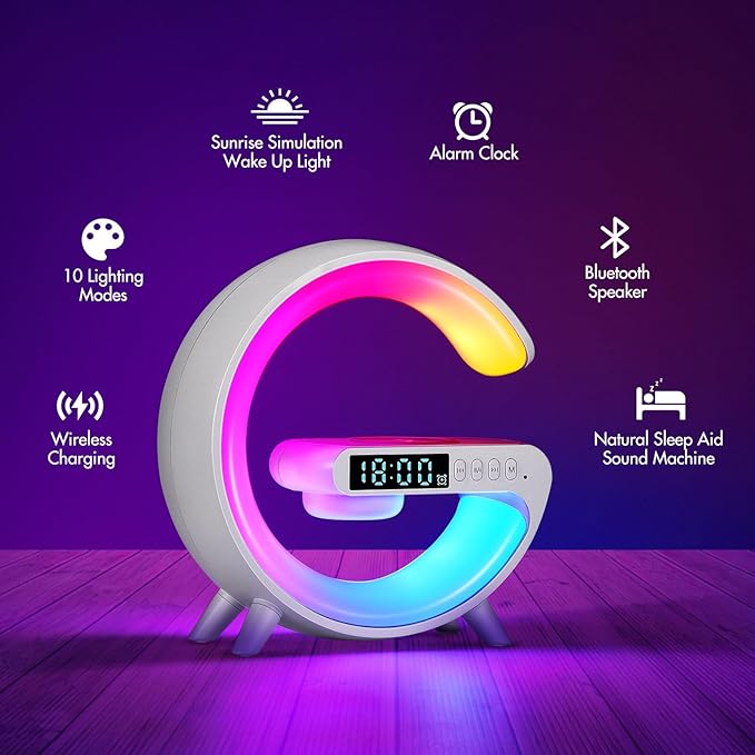 Blingbin Wireless Charger Atmosphere Lamp, 2025 New Mini LED Table Lamp, Bluetooth Speaker, Dimmable Night Light Bedside Lamp Alarm Clock with Music for Christmas Birthday New Year Gifts