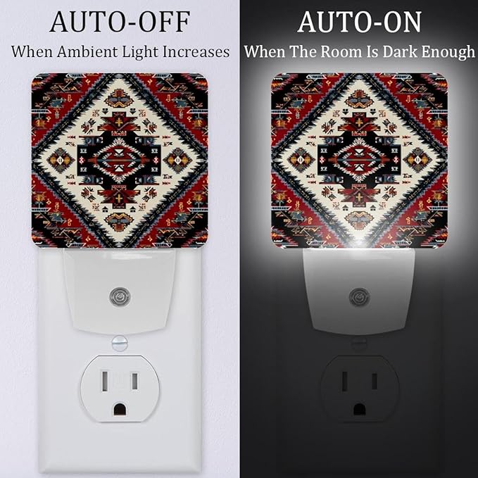 2 Count Tribal Navajo and Native (2) Plug in Night Light, LED Nightlights with Smart Dusk to Dawn Sensor for Kids, Nursery, Bedroom, Bathroom,Hallway, Stairs, Kitchen