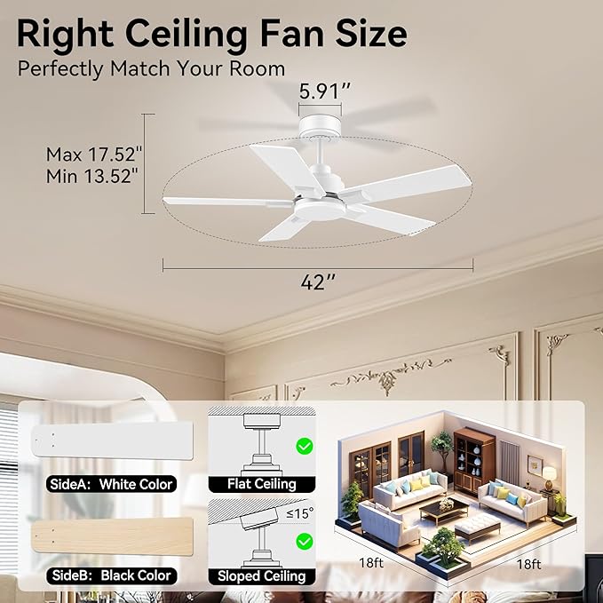 42 Inch Ceiling Fans with Lights,Smart Ceiling Fan with Light and Remote Control,Alexa,APP,White Indoor Outdoor Ceiling Fans for Bedroom,Living Room,Patio,5 Blades,Dimmable LED,6 Speed,Quiet DC Motor