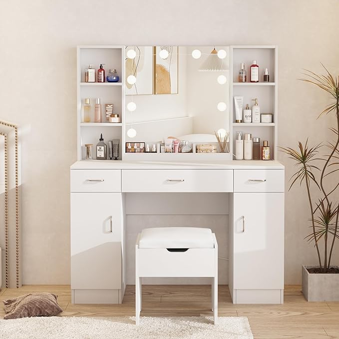 Makeup Vanity Desk with Lighted Mirror, White Vanity Set Makeup Table with 3 Drawers, 2 Cabinets and Storage Stool, Large Vanity 45inch, White