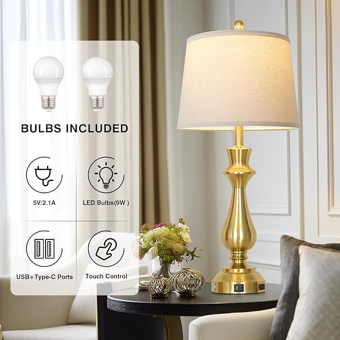 Touch Lamps for Night Stands Set of 2-29.5" Tall Bedside Lamp with USB C+A, 3 Way Dimmable Bedroom Lamps, Gold Metal Table Lamps for Living Room