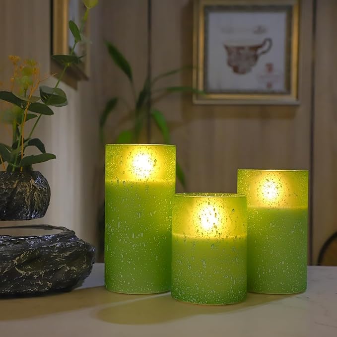 Mingfuxin Green Flameless Candles with Remote – Battery Operated LED Flickering Pillar Candles with Timer for Safe Home Decor – Ideal for Family with Kids and Pets