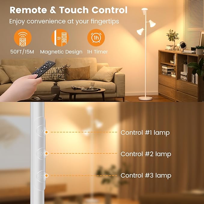 36W LED Tree Floor Lamp, Dimmable Tall Standing Lamp with Remote & Touch Control, 4 Color Temperatures Bright Floor Lamp, 3 Rotatable Light Modern Floor Lamps