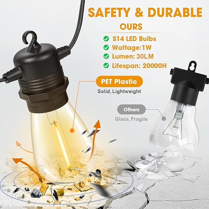 LED Outdoor String Lights 25FT with 9 Shatterproof S14 Bulbs, Waterproof for Porch, Deck, Garden, Balcony, Dimmable 2700K