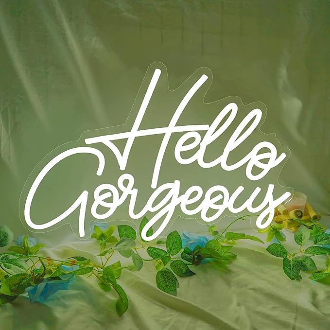 Hello Gorgeous Neon LED Night Light for Wall Home Party Wall Light Signs Wedding Valentine's Day Bedroom Birthday Art Backdrop Bar Club Glowing Letters Neon Sign with Dimmable Switch (White)