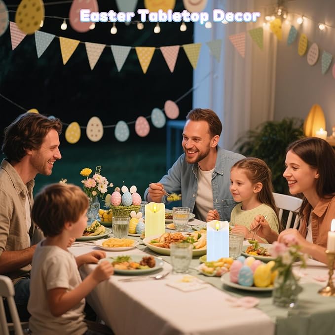 Flameless Candles Light, Set of 2 6"x3" Flickering Pastel Spring LED Candles with Remote & Timer, Dimmable Real Wax Easter Pillar Candles Battery Operated for Home Spring Easter Decor (Blue Yellow)