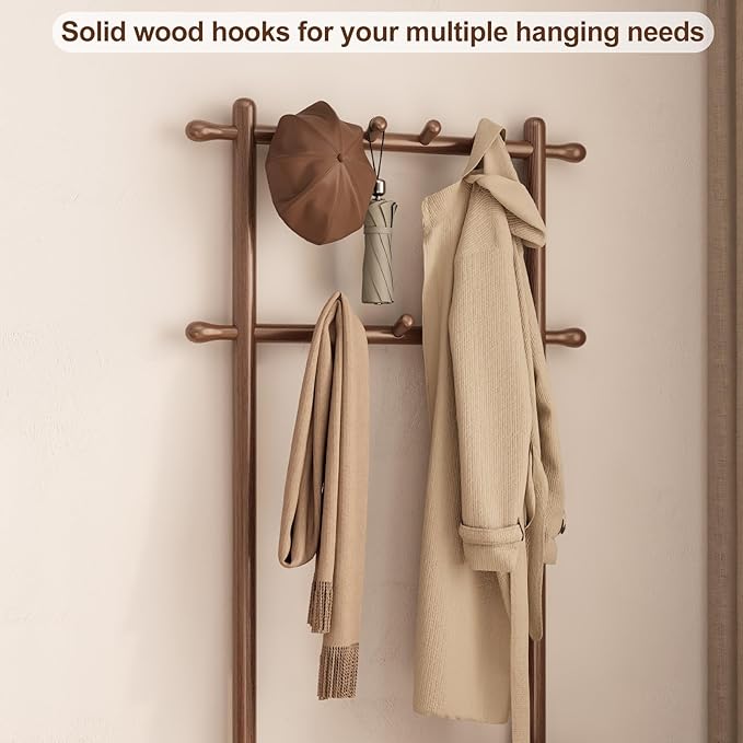 AQIMUELE Coat Rack with Shoe Storage, Narrow Wooden Hall Tree with Bench, 11 Hooks and 2-Tier Storage Shelves, 3-in-1, Entryway Bench with Coat Rack (23.6"-Walnut)