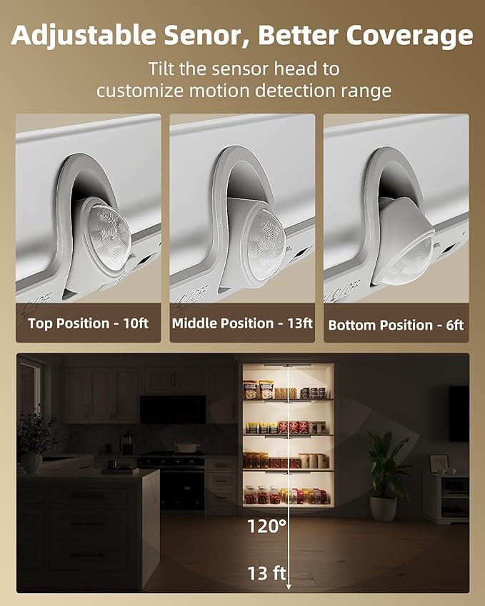 EZVALO 17Inch Motion Sensor Closet Lights, 3600mAh Rechargeable Battery LED Cabinet Lights, 150 Lumens No-Glare Curved, 3 Color Temps & Dimmable Pantry Lights for Wardrobe, Shelves - 2Pack