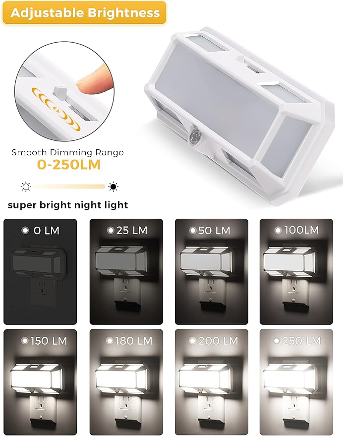 L LOHAS LED Bright Night Lights Plug into Wall, 0-250LM LED Night Light, Dusk to Dawn Sensor, 2W Dimmable Night Light, Daylight 5000K for Bathroom, Adults, Hallway, Bedroom, Stairway
