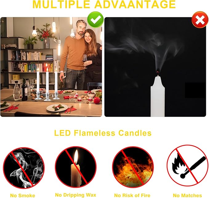 LED Flameless Window Candles with Remote Timer 10 PCS Battery Operated Flickering Taper Candle Lights with Removable Sliver Candle Holders Best Gift for Xmas Wedding Home Dinner Décor