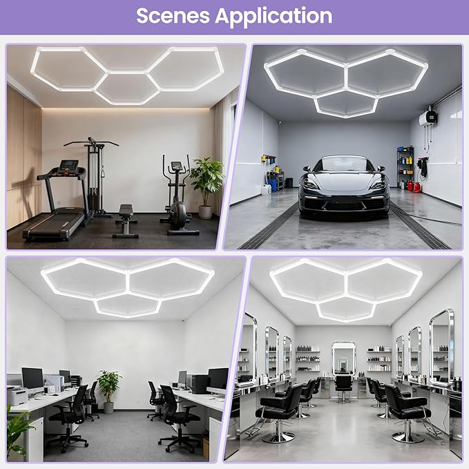 Hexagon Garage Lights - 3 Stage Dimmable Hexagon Lights, 6500K 17280LM Honeycomb Light for Car Ceiling Detailing Shop, Garage, Basement, Workshop, Warehouse, Gym, Barber, Auto Beauty Shop
