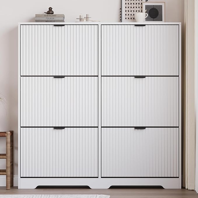 Large Shoe Cabinet for Entryway, Tall Narrow Shoe Storage Cabinet with 6 Flip Drawers and Adjustable Shelves, Shoe Rack Cabinet Organizer for Hallway, Foyer, Small Apartment