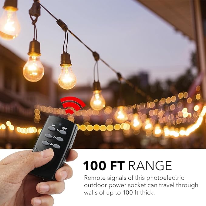 HBN Outdoor Indoor Wireless Remote Control 3-Prong Outlet Weatherproof Heavy Duty 15 A Compact 1 Remote 3 Outlets with Remote 6-inch Cord 100ft Range ETL Listed (Battery Included)