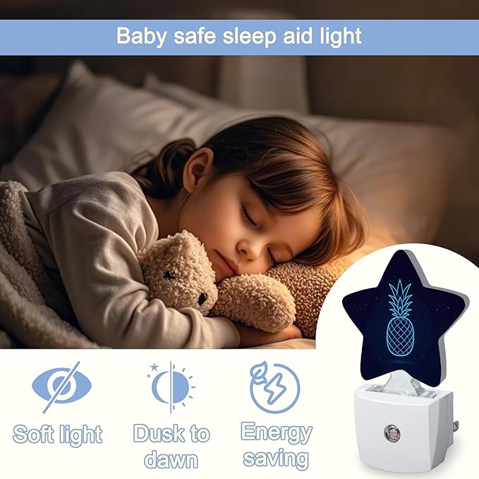 Pineapple Starry Sky Nightlight,Abstract Blue Line Star Night Lights Plug into Wall Decorations for Bedroom Bathroom,Dusk to Dawn Sensor Kitchen Hallway Stairs Energy Efficient Desk Lamp