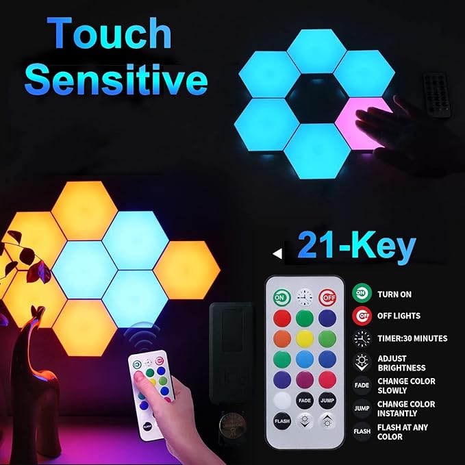 Amailtom Gaming LED Hexagon Lights Remote Controlled, RGB LED Wall Lights Touch Sensitve Hexagon Light Panels for Gaming Setup, 14 Geometric Wall Panels for Living Room/Bedroom/TV