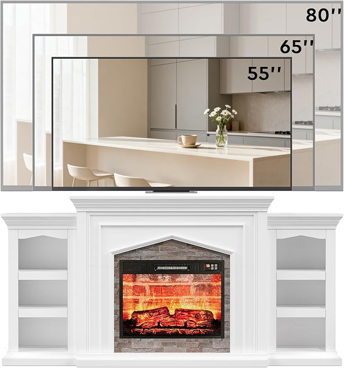 LGHM 80" Fireplace TV Stand for TVs Up to 90 Inch, Electric Fireplace with Mantel, Modern Entertainment Center with Storage, Fireplace Heater Insert with 3D Flame Effect for Living Room