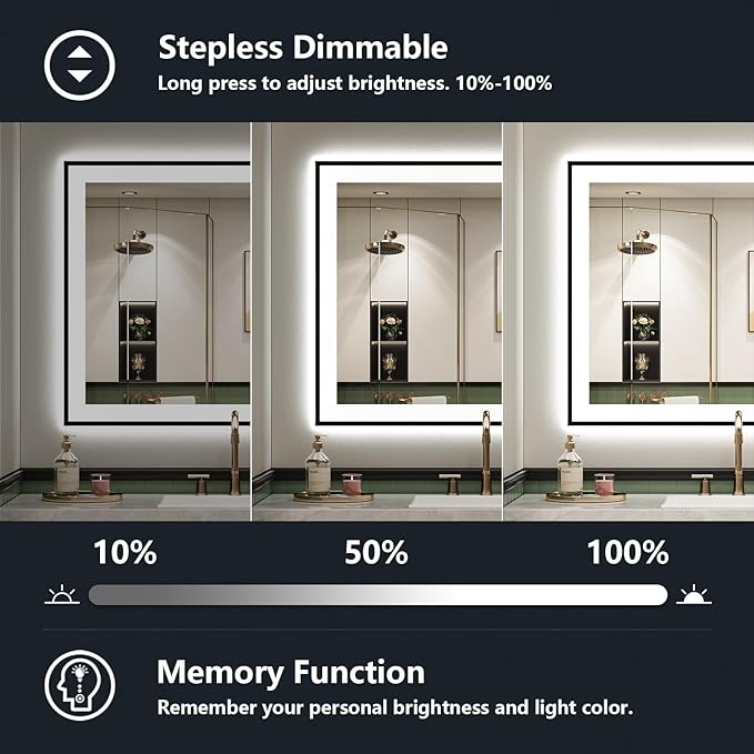 36x36 Inch LED Bathroom Mirror with Lights (Front Lit and Backlit) Black Framed Lighted Vanity Mirror for Bathroom Wall Dimmable Anti-Fog Memory Tempered Glass Horizontal/Vertical