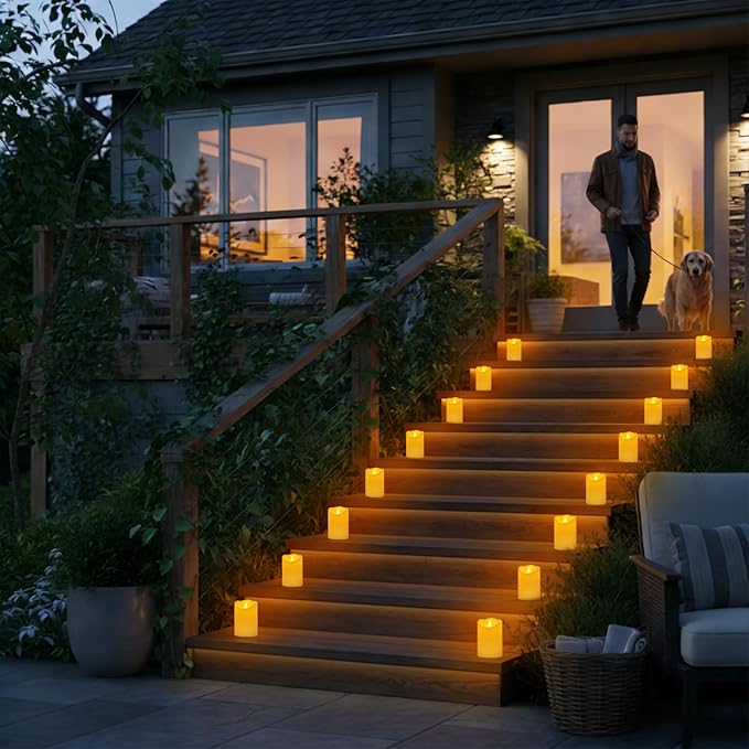 Outdoor Flameless Candles, Patented 3D Dual-LED, Set of 2 Slanted Resin Pillars with Remote, Waterproof Non-Melting Battery Operated Decor for Bathroom Bedroom Gift, Ivory (D3 x H6)