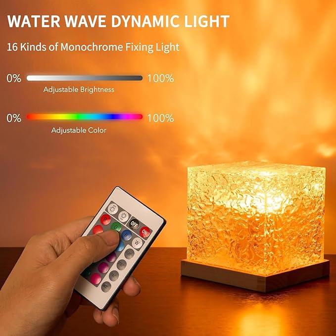 Ocean Wave Projector Light, 16-Color LED Cube Lamp & Remote, 3D Holographic Water Ripple, Romantic Ambient Lighting for Kids Room, Meditation, Relaxation, Bathroom, Night Light (Plug-in)