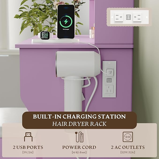 Makeup Vanity Desk with Mirror & Lights, Small Vanity Table Set for Girls with Chair & Power Outlet, Modern Dressing Table with 2 Drawers & 4 Storage Shelves, Adjustable RGB Lighting - Purple