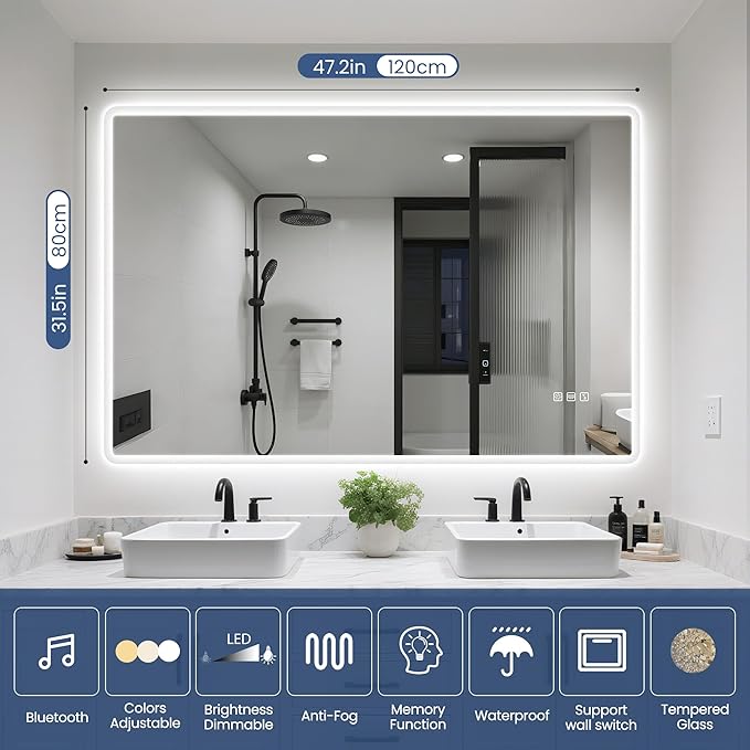 STARLEAD 48"x32" LED Bathroom Mirror with Bluetooth Speaker, 3 Color Temperature, Stepless Dimming, Anti-Fog, Touch Control, Wall-Mounted Vanity Mirror, Vertical or Horizontal