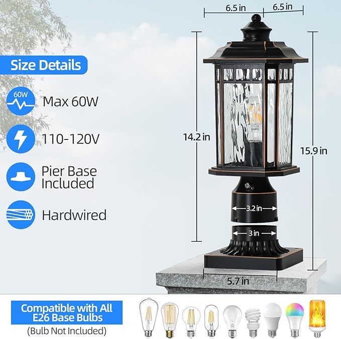 DASTOR 2 Pack Dusk to Dawn Outdoor Post Lights, Outdoor Lamp Post Light with Pier Mount Base, Waterproof Aluminum Post Outdoor Lighting for Garden Patio Pathway