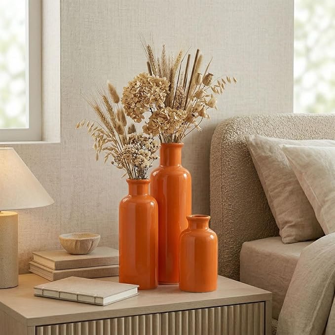 Ceramic Vase Set - 3 Orange Small Vases, Farmhouse Country Flower Vase Home Decor, Living Room Decoration, Table Decoration, Fireplace Decor, and Entrance Decorations Centerpieces