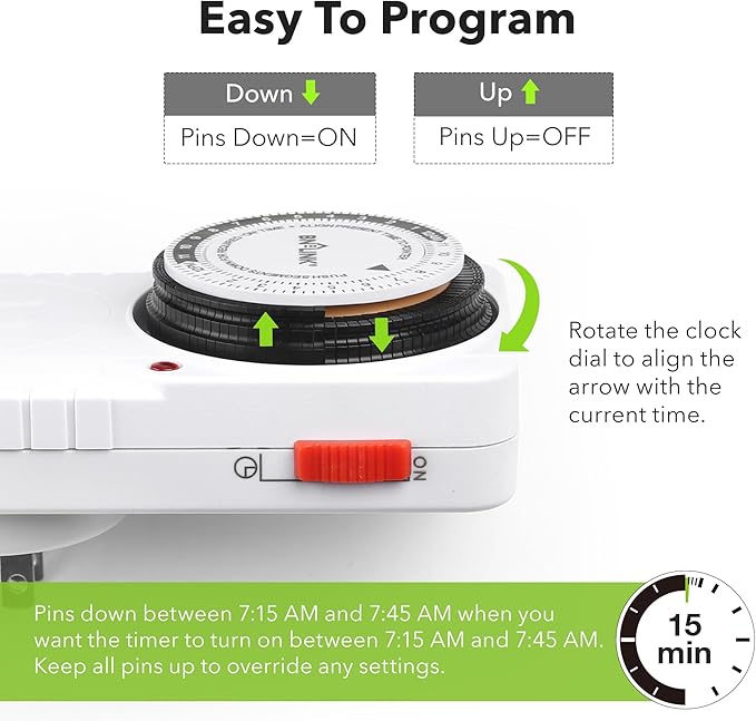 BN-LINK 24 Hour Plug-in Mechanical Timer Grounded for Aquarium, Grow Light, Hydroponics, Indoor Lighting, Home Appliances, ETL Listed 125VAC, 60 Hz, 1875W, 15A, 1/2HP (2 Pack)