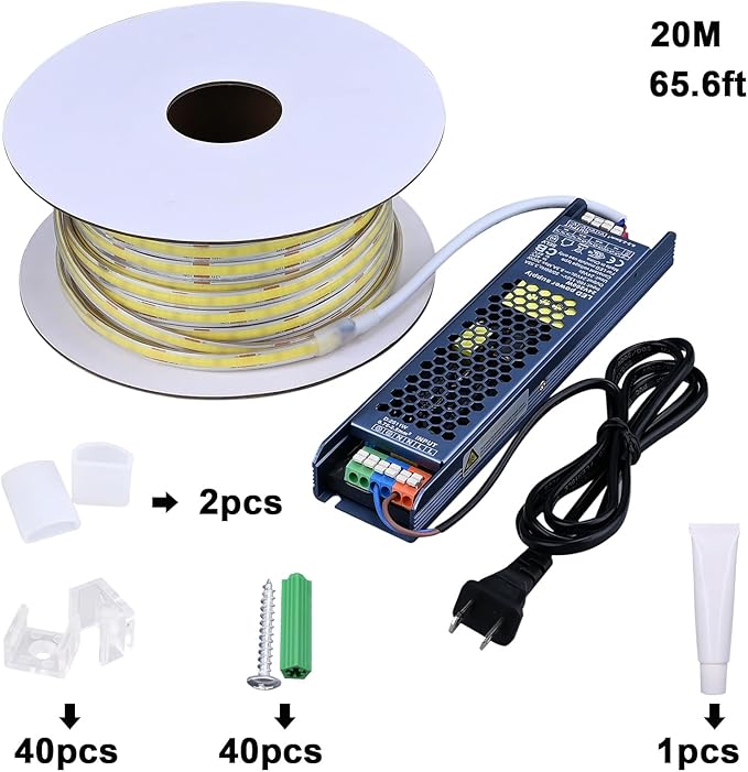 24V COB LED Strip Lights Outdoor Waterproof 65.6FT, 6000K Cool White Dimmable IP67 CRI 93 LED Rope Light with Power Supply for Bedroom Living Room Garden Commercial House