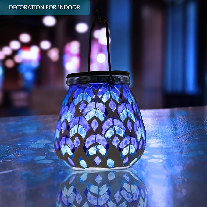 Bshine Mosaic Solar Lantern Outdoor Hanging Waterproof, Blue Mosaic Light Indoor Decorative Table, Garden Decor for Yard Outside, Path, Courtyard, Lawn, Outdoor Decor Gift for Mom
