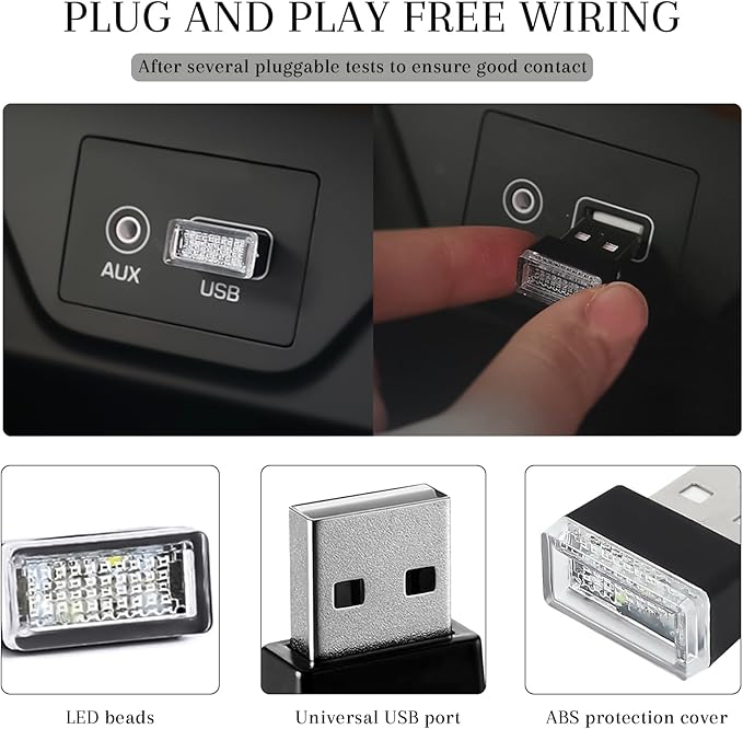 4 PCS USB LED Car Interior Atmosphere Lamp, Portable Mini Auto LED Decor Night Light, Plug-in USB Interface Ambient Lighting Kit, Universal Car Interior Accessories (Red+Ice Blue)